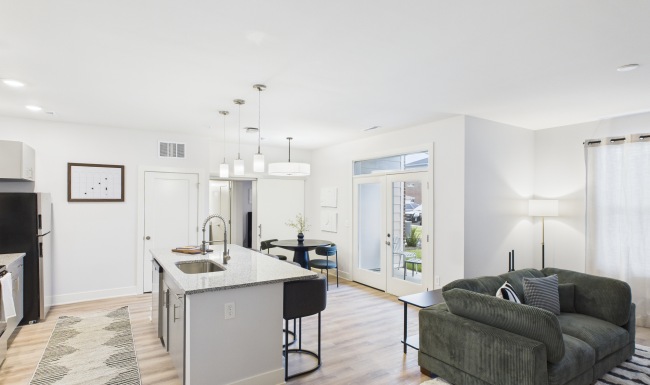 Kitchen with white cabinets and stainless steel appliances