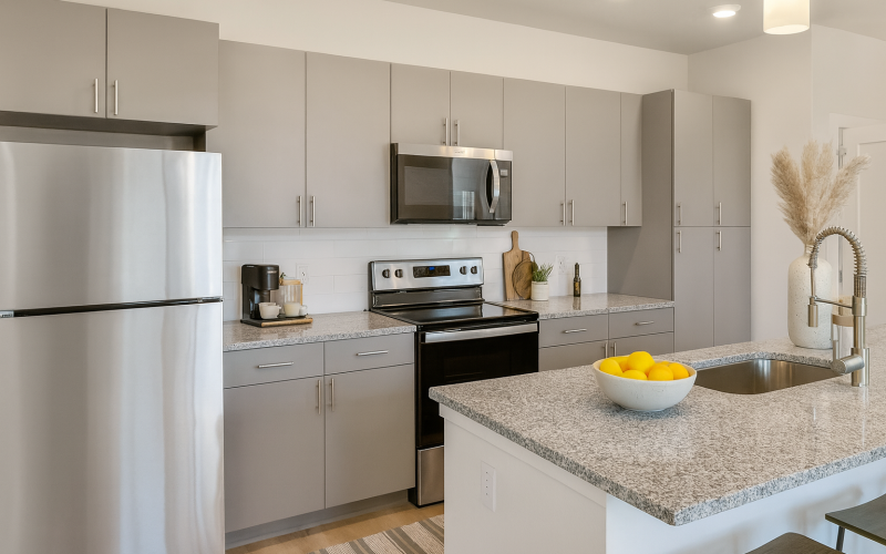 Staged apartment kitchen with pampas grass and bowl of lemons